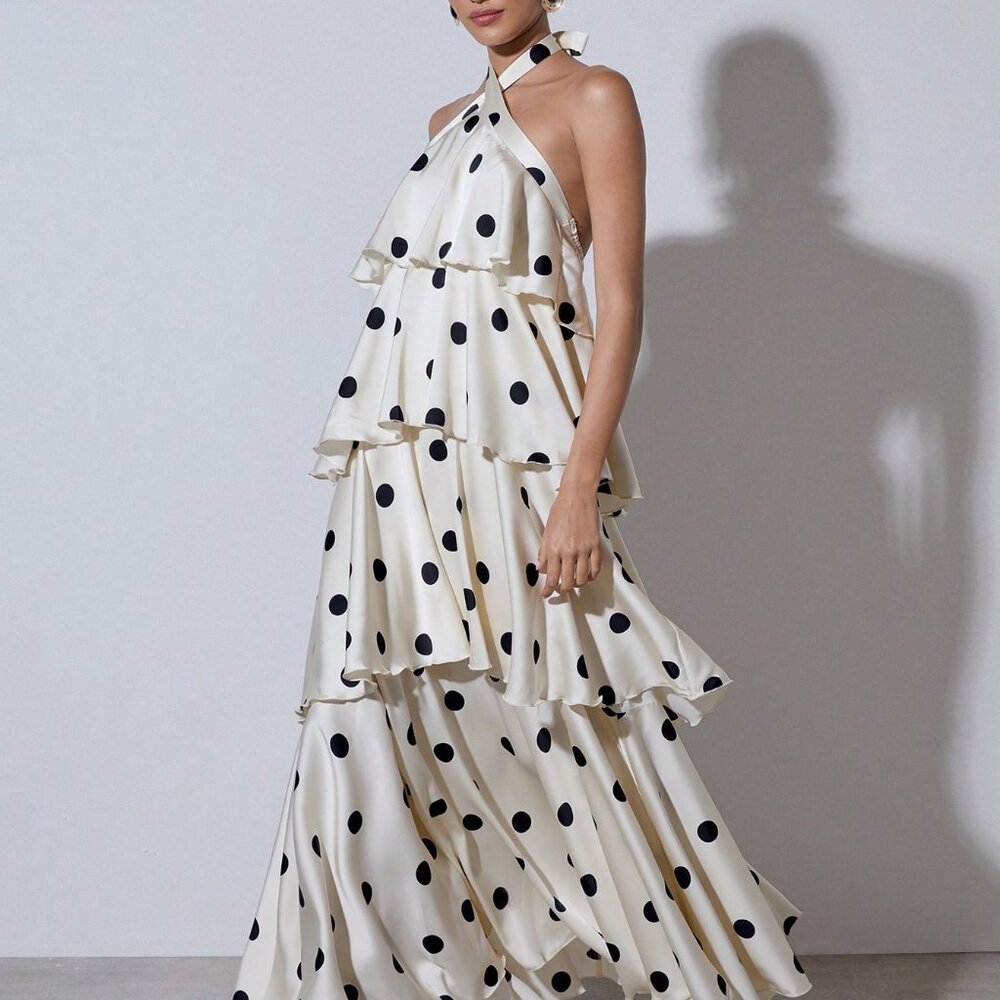 Multicolor Elegant Women's Polka Dot Tiered Maxi Dress with Ruffle Hem